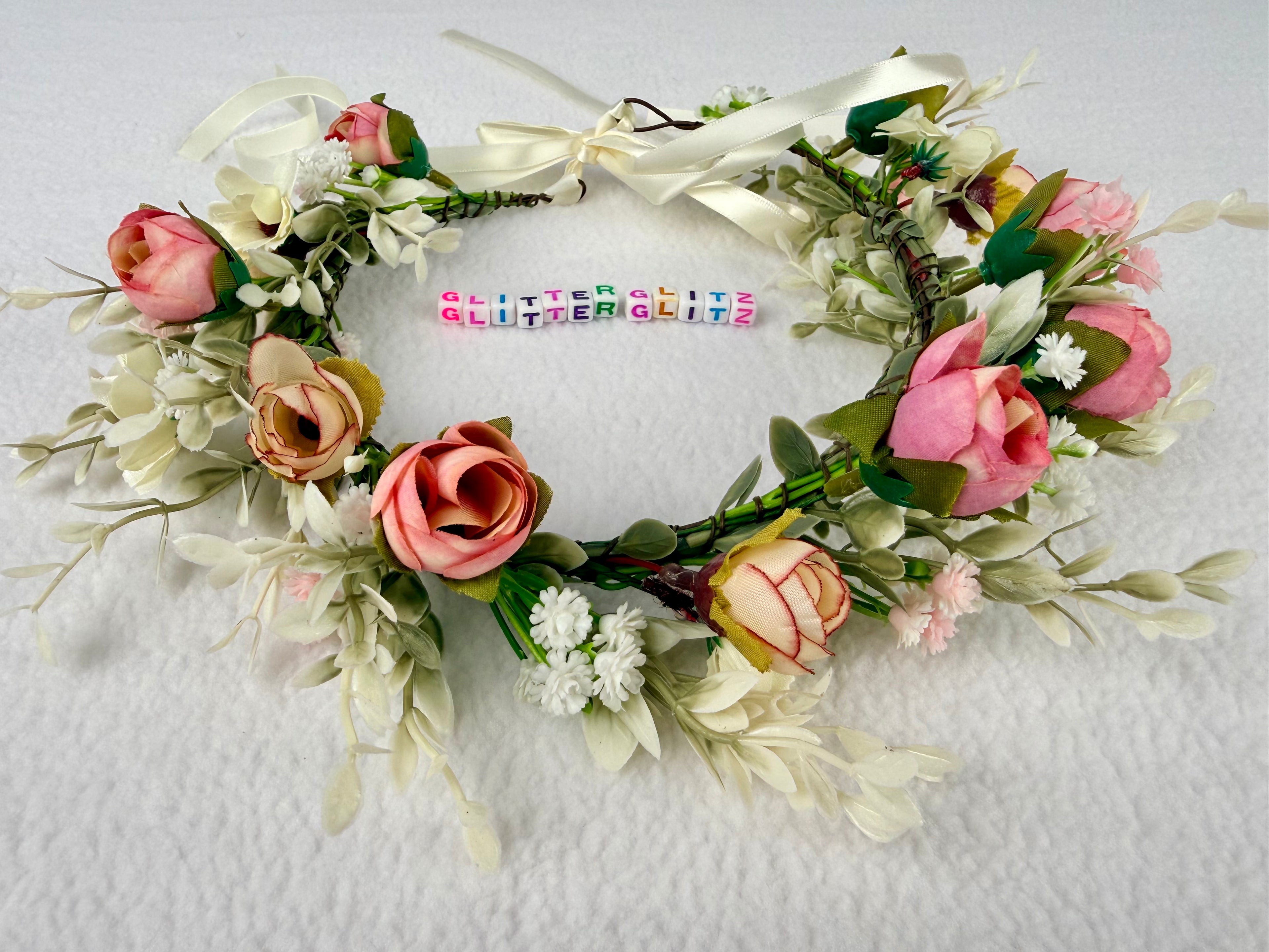 Fabric rose crown floral headband for girls. For flower girls, bridesmaid, birthdays, weddings, photoshoots.