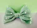 Girls green bow knot pearls hair clip. For birthdays, weddings, photoshoots.