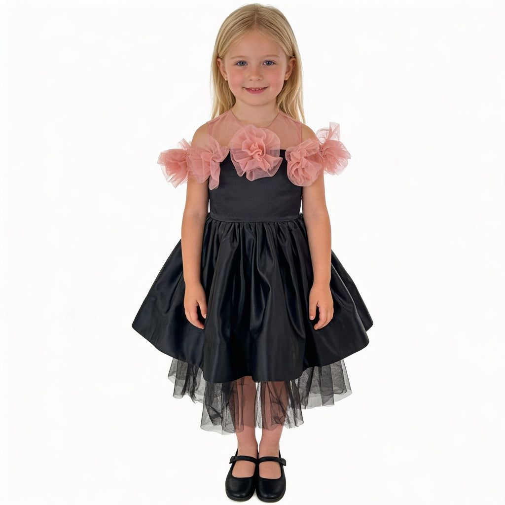 Front view of black satin tulle girls party dress, suitable for birthdays, weddings, parties, photoshoots and special occasions