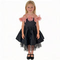 Front view of black satin tulle girls party dress, suitable for birthdays, weddings, parties, photoshoots and special occasions