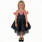 Front view of black satin tulle girls party dress, suitable for birthdays, weddings, parties, photoshoots and special occasions
