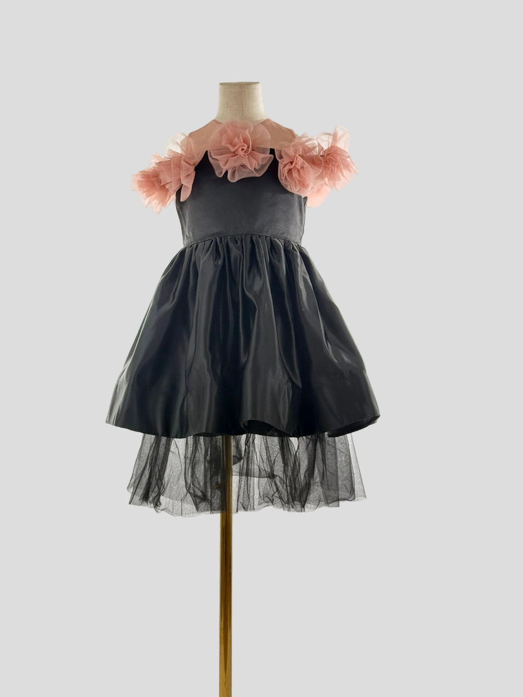 Front view of black satin tulle girls party dress, suitable for birthdays, weddings, parties, photoshoots and special occasions
