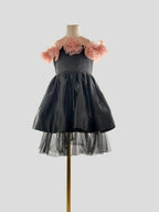 Front view of black satin tulle girls party dress, suitable for birthdays, weddings, parties, photoshoots and special occasions