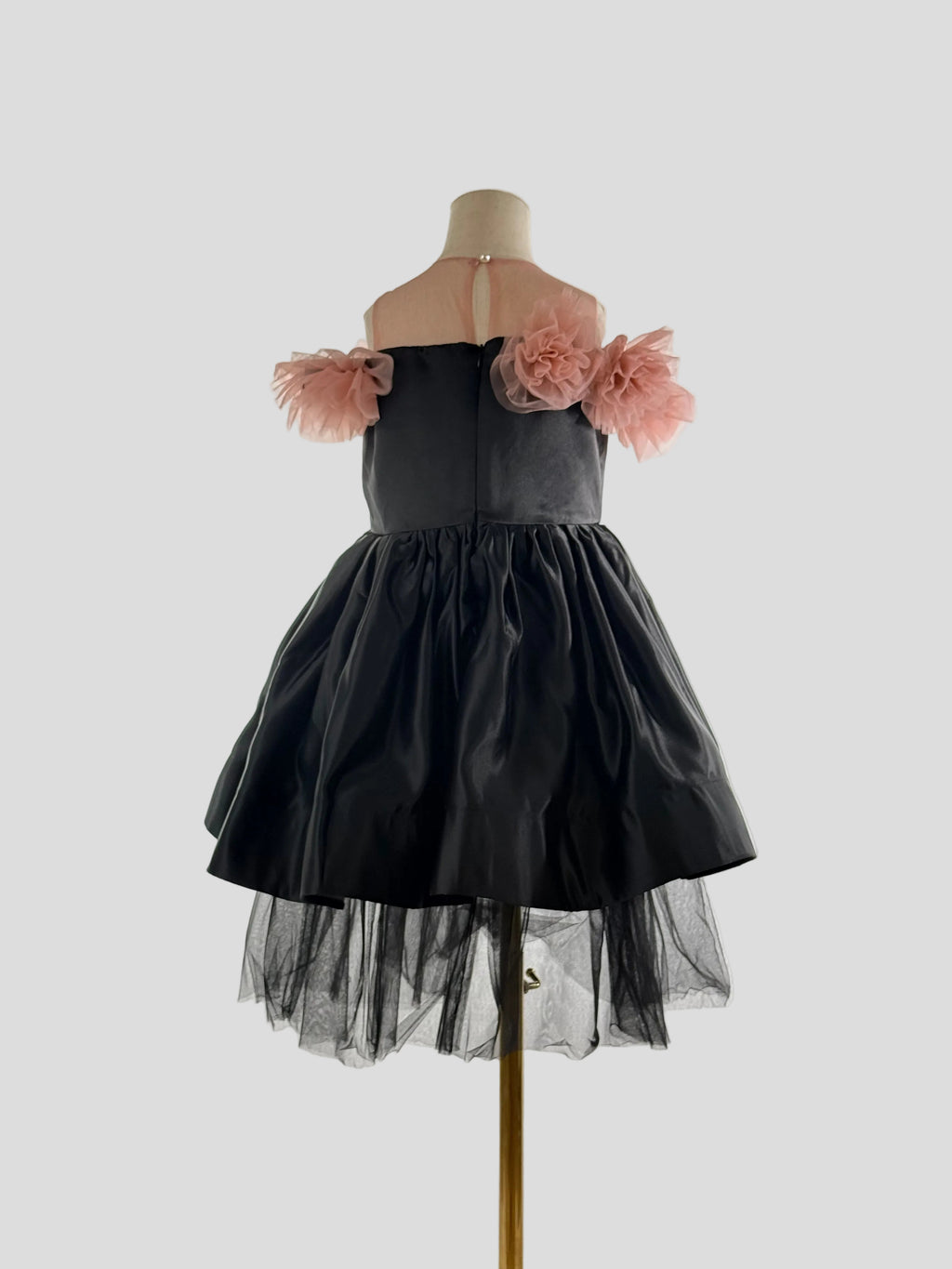 Back view of black satin tulle girls party dress, suitable for birthdays, weddings, parties, photoshoots and special occasions