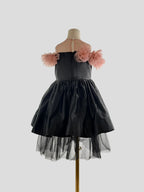 Back view of black satin tulle girls party dress, suitable for birthdays, weddings, parties, photoshoots and special occasions