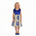 Front view of blue floral girls party dress, suitable for birthdays, weddings, parties, photoshoots and special occasions