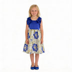 Front view of blue floral girls party dress, suitable for birthdays, weddings, parties, photoshoots and special occasions