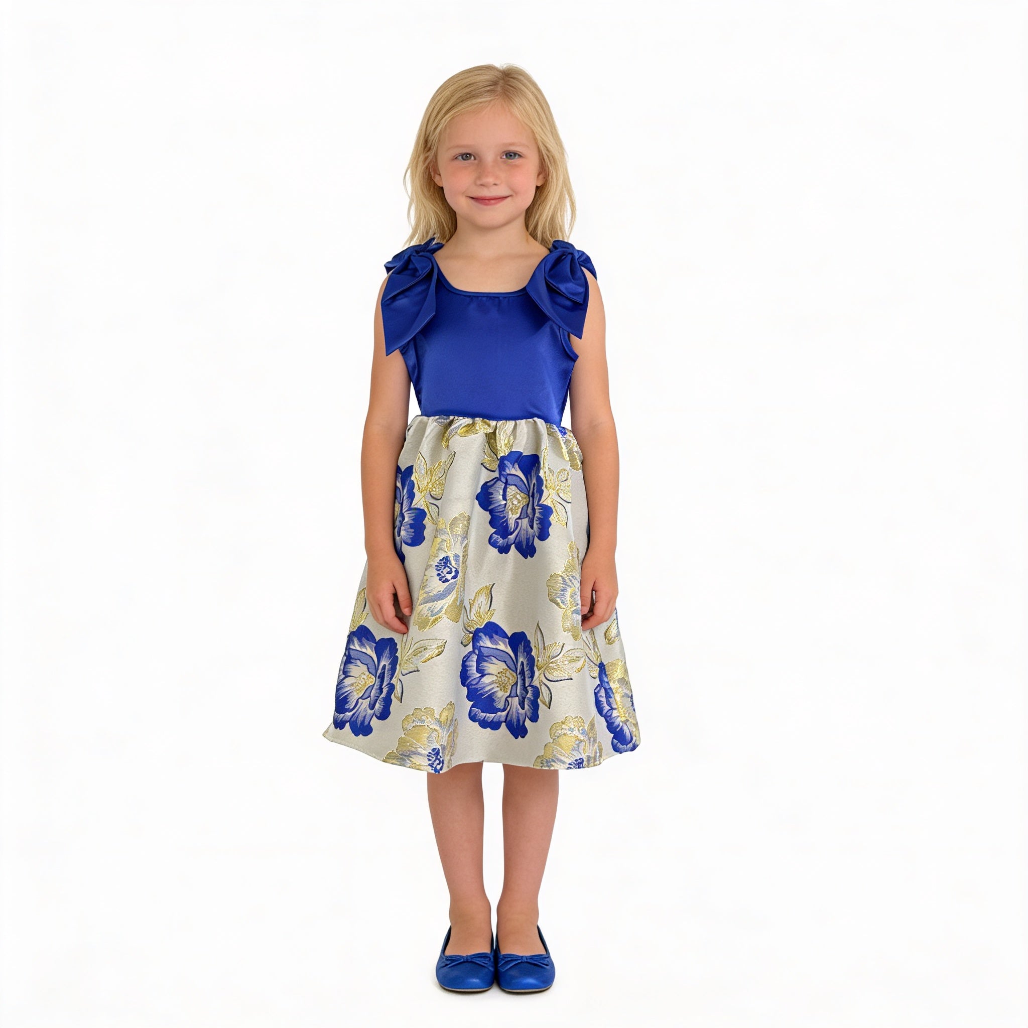 Front view of blue floral girls party dress, suitable for birthdays, weddings, parties, photoshoots and special occasions