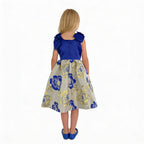 Back view of blue floral girls party dress, suitable for birthdays, weddings, parties, photoshoots and special occasions