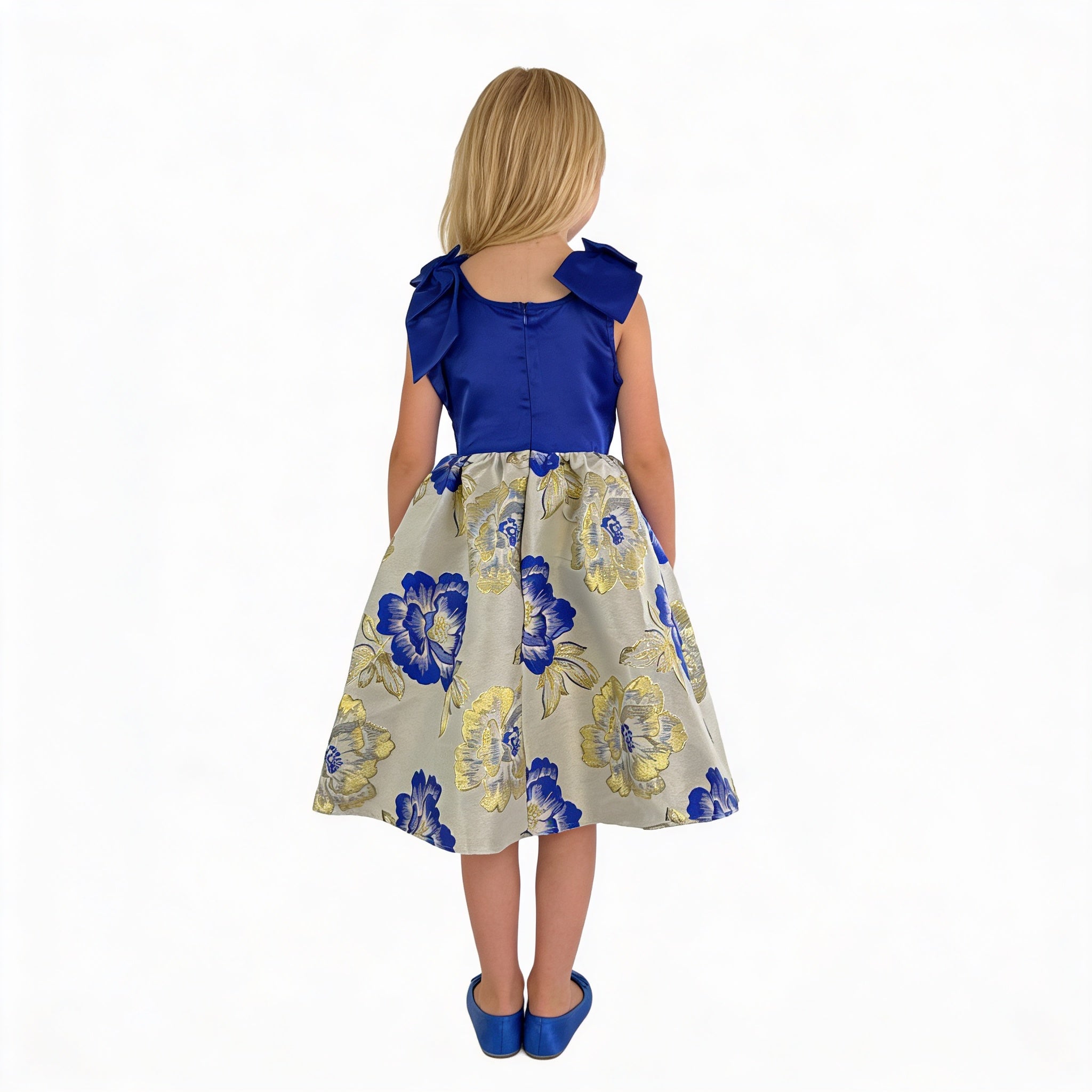 Back view of blue floral girls party dress, suitable for birthdays, weddings, parties, photoshoots and special occasions