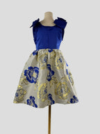Back view of blue floral girls party dress, suitable for birthdays, weddings, parties, photoshoots and special occasions