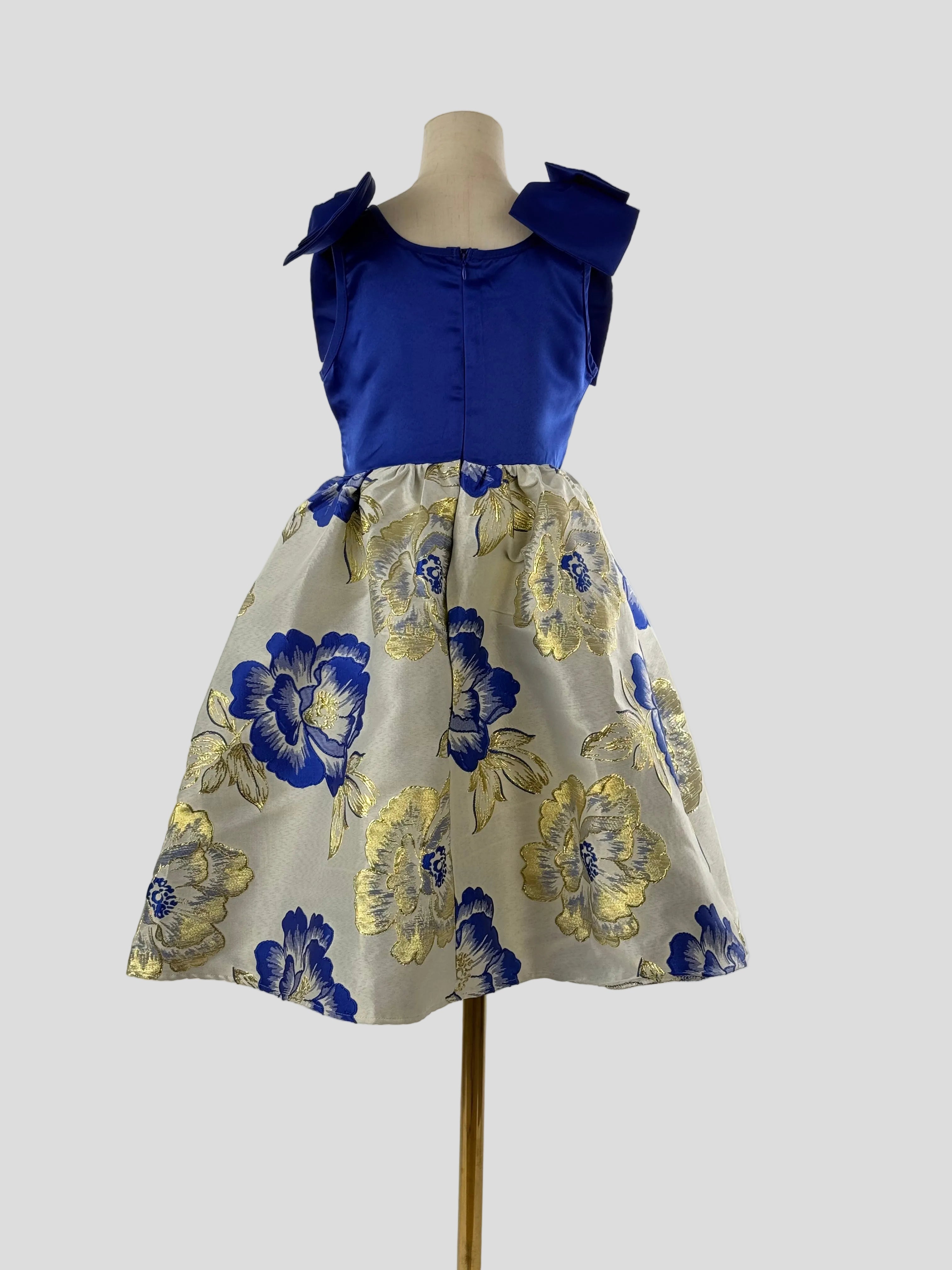 Back view of blue floral girls party dress, suitable for birthdays, weddings, parties, photoshoots and special occasions