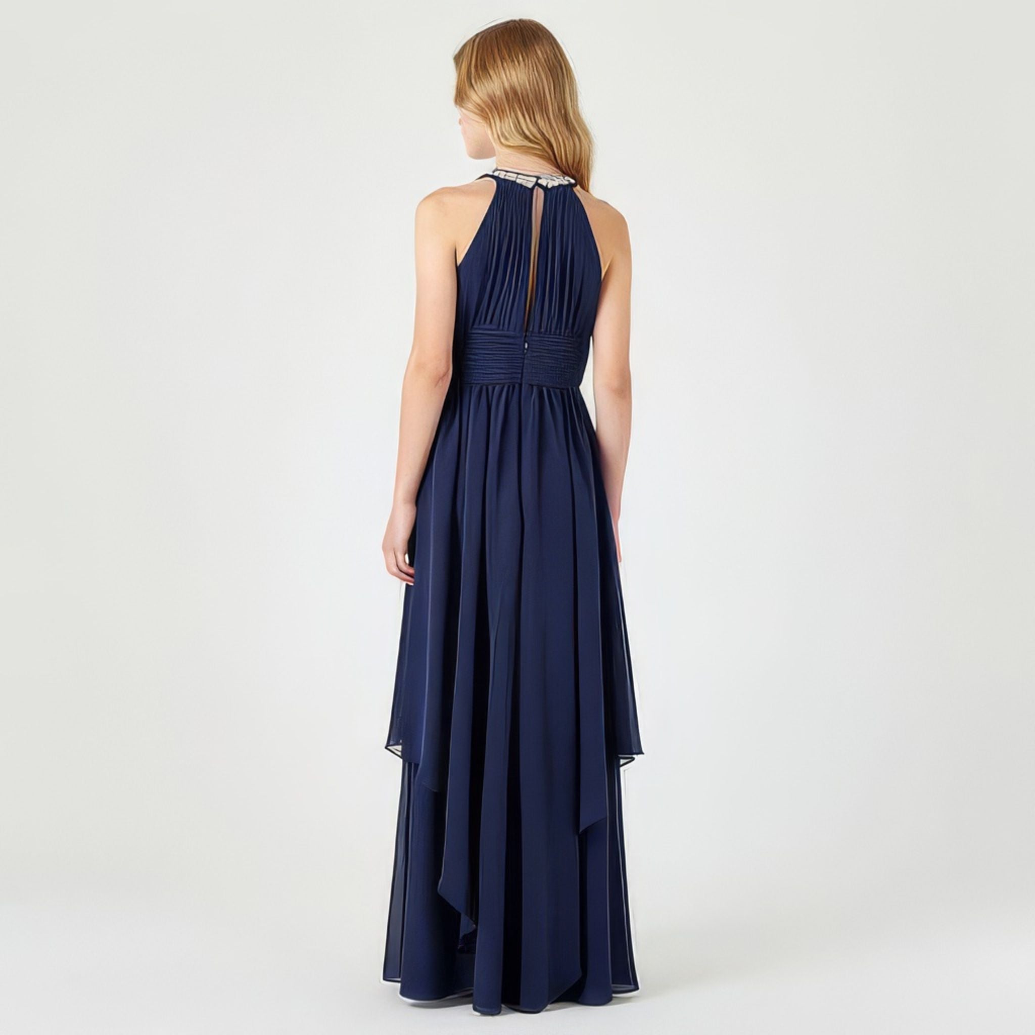 Back view of blue halter neck chiffon girls party dress, suitable for birthdays, bridesmaids, and formal occasions