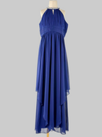 Front view of blue halter neck chiffon girls party dress, suitable for birthdays, bridesmaids, and formal occasions