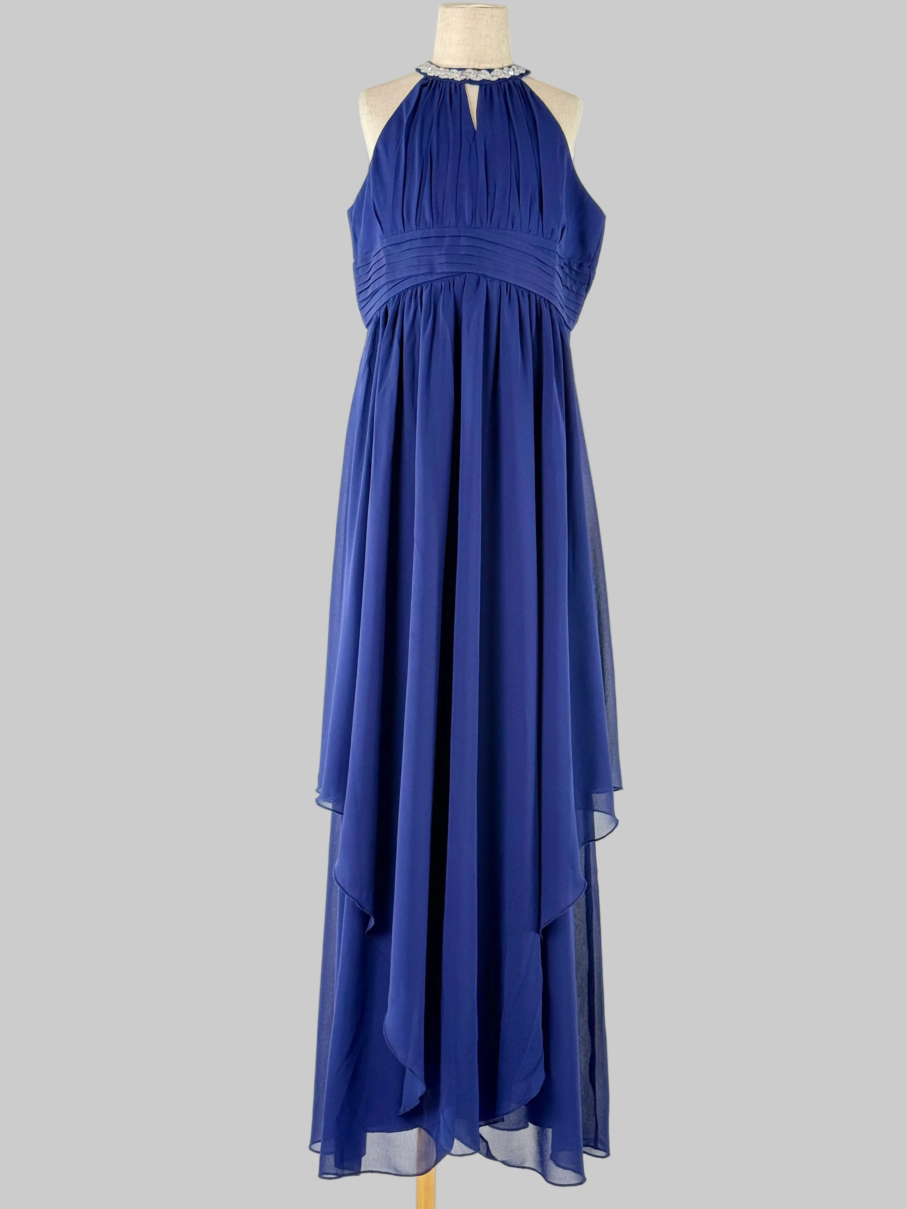 Front view of blue halter neck chiffon girls party dress, suitable for birthdays, bridesmaids, and formal occasions
