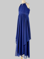 Side view of blue halter neck chiffon girls party dress, suitable for birthdays, bridesmaids, and formal occasions