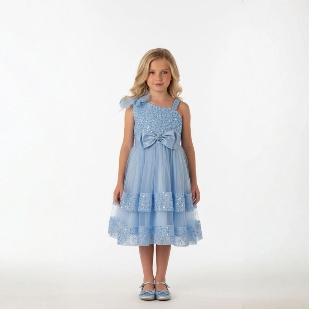 Front view of light blue tulle sequin one shoulder girls party dress, suitable for  birthdays, flower girls, photo shoots, formal occasions
