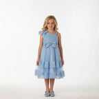 Front view of light blue tulle sequin one shoulder girls party dress, suitable for  birthdays, flower girls, photo shoots, formal occasions