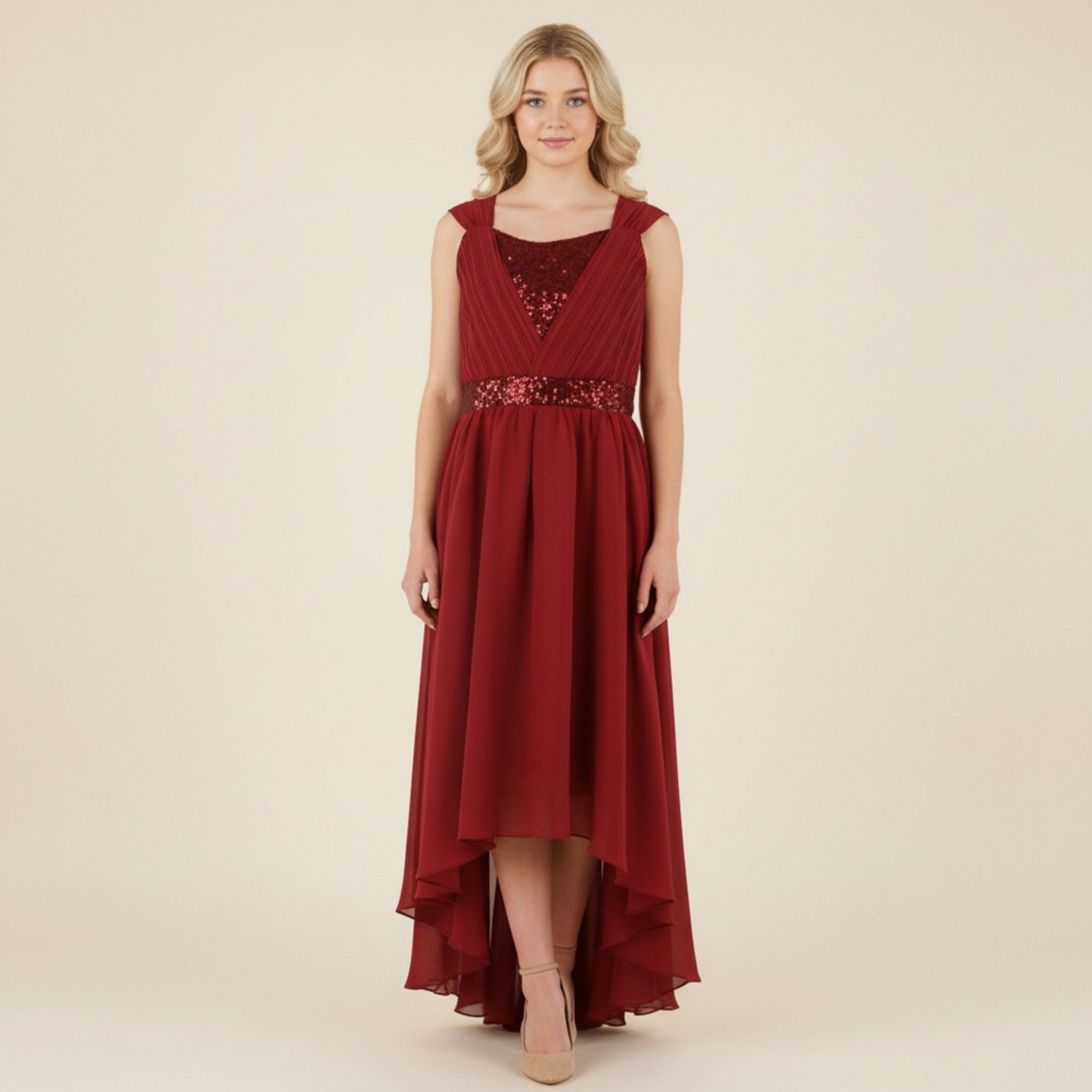Front view of burgundy high-low chiffon girls party dress, suitable for birthdays, bridesmaids, and formal occasions