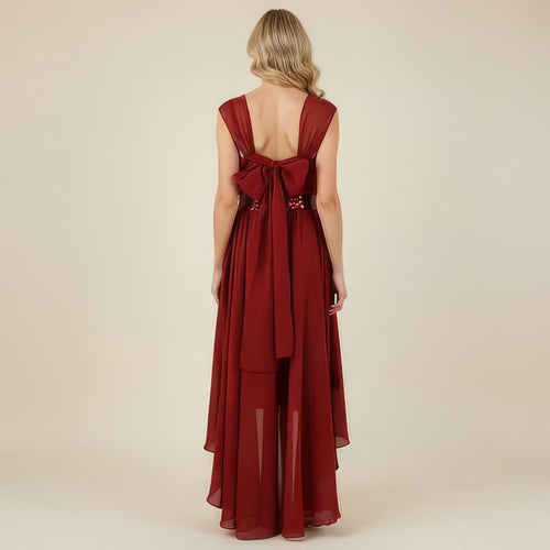 Back view of burgundy high-low chiffon girls party dress, suitable for birthdays, bridesmaids, and formal occasions