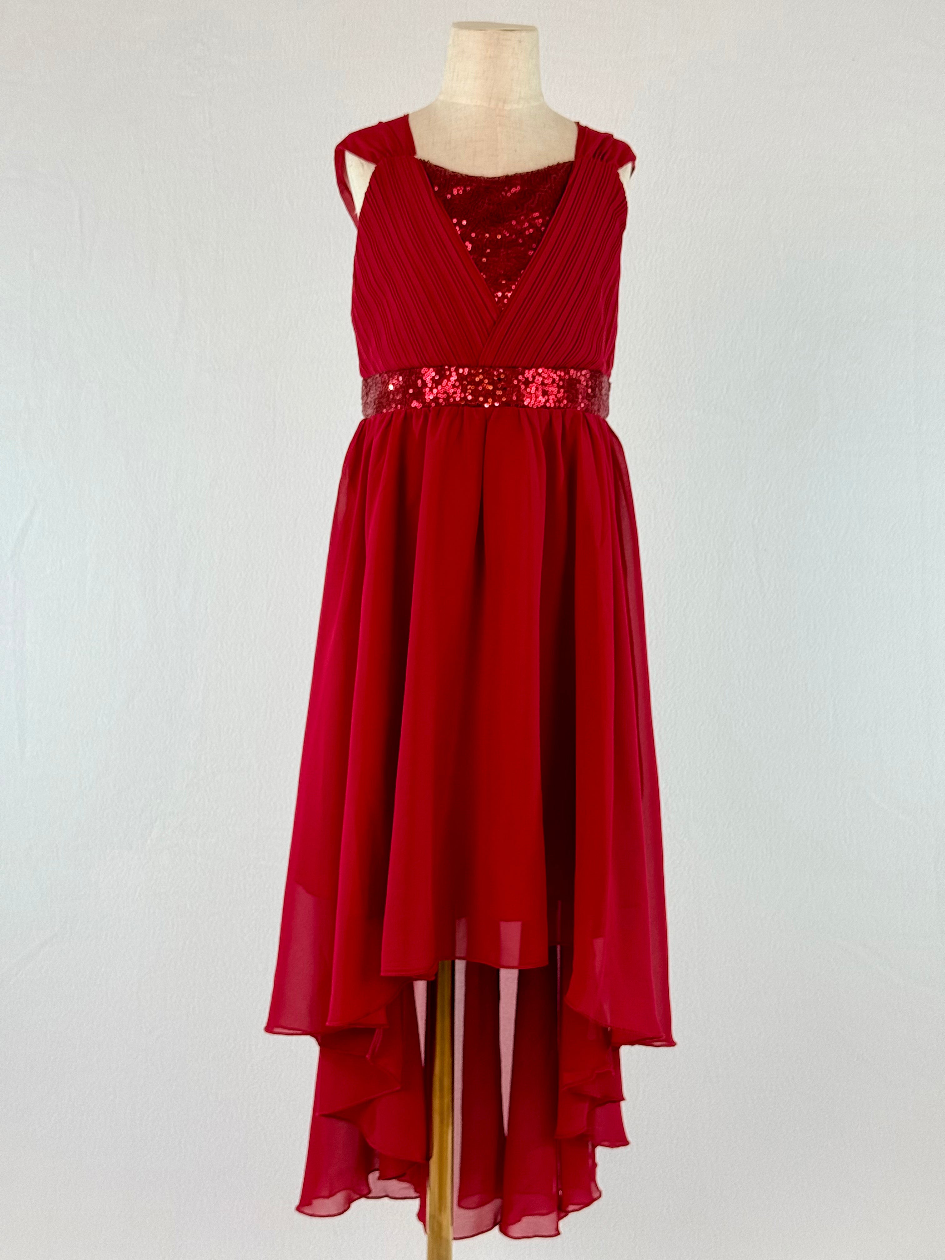 Front view of burgundy high-low chiffon girls party dress, suitable for birthdays, bridesmaids, and formal occasions