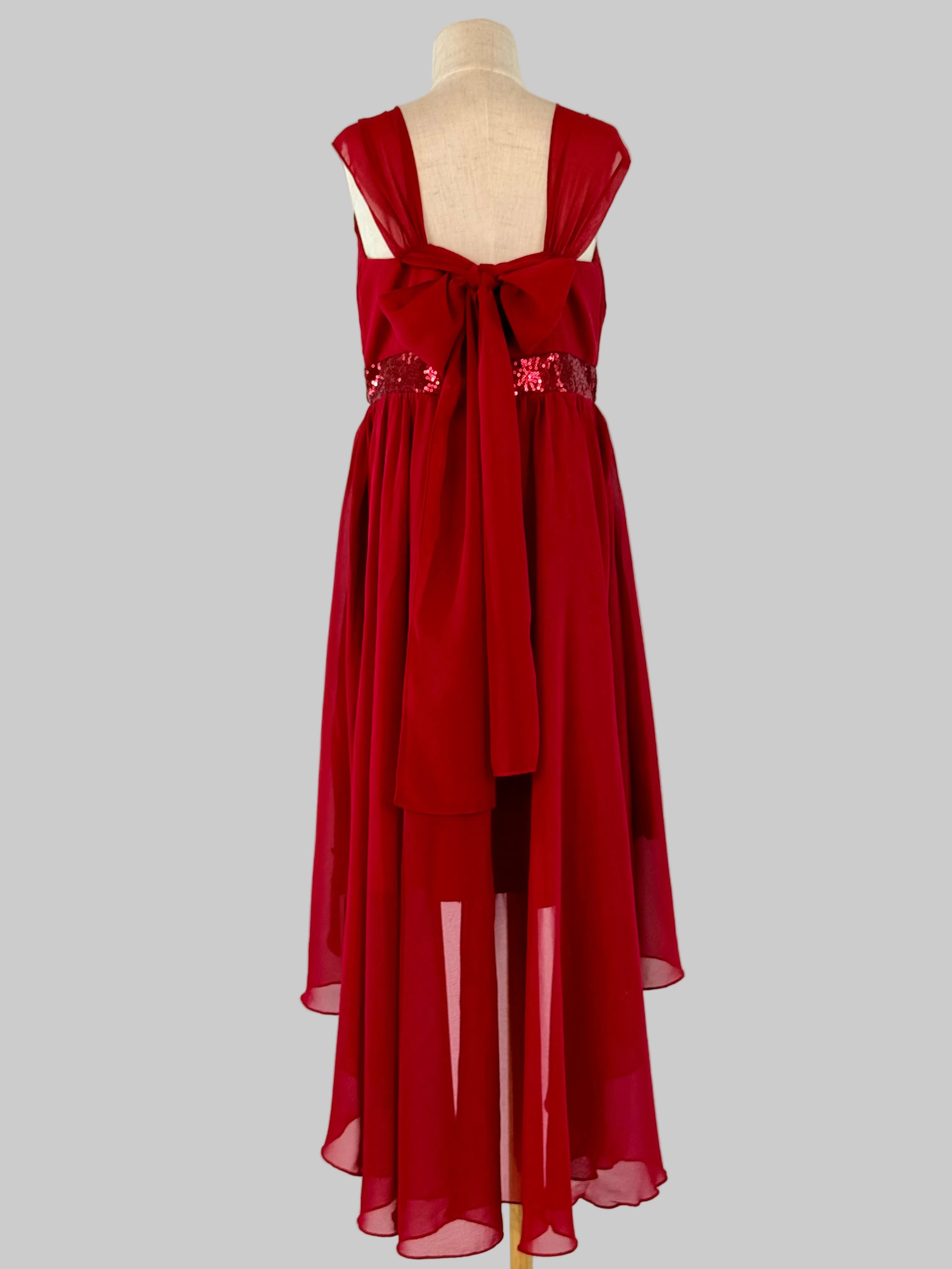 Back view of burgundy high-low chiffon girls party dress, suitable for birthdays, bridesmaids, and formal occasions