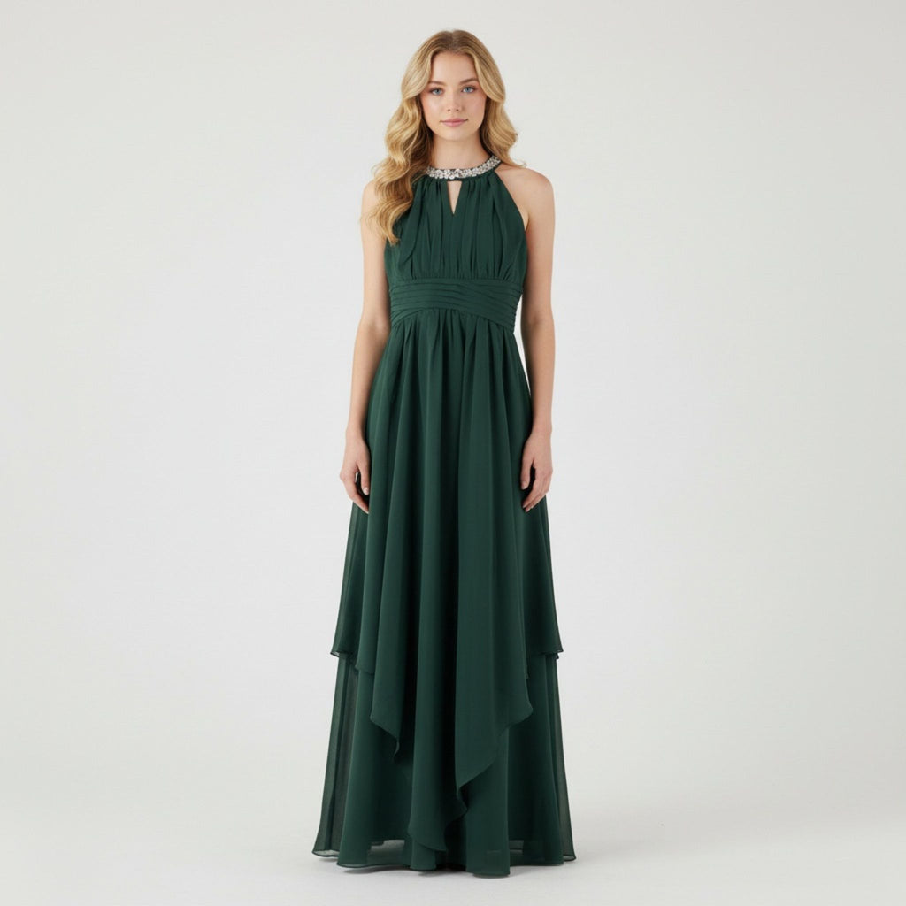 Front view of green halter neck chiffon girls party dress, suitable for birthdays, bridesmaids, and formal occasions