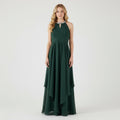 Front view of green halter neck chiffon girls party dress, suitable for birthdays, bridesmaids, and formal occasions