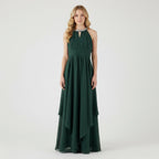 Front view of green halter neck chiffon girls party dress, suitable for birthdays, bridesmaids, and formal occasions