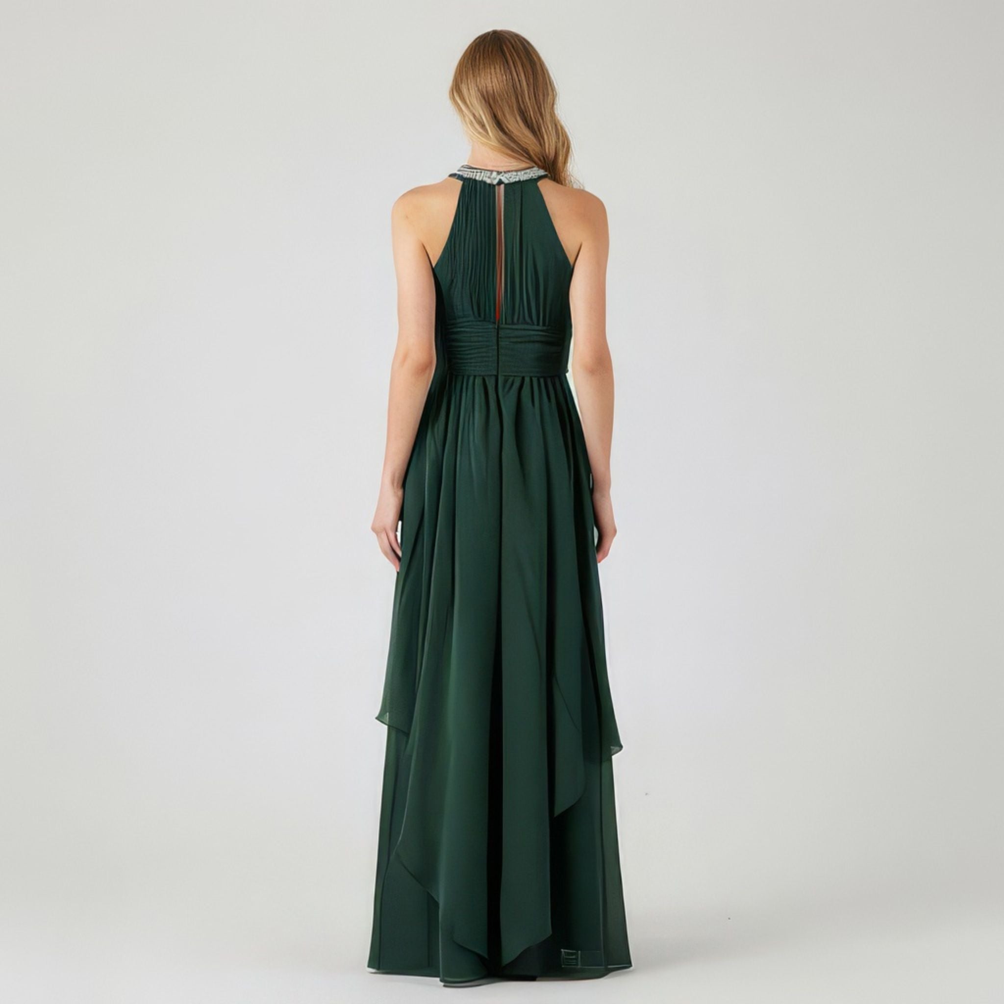 Back view of green halter neck chiffon girls party dress, suitable for birthdays, bridesmaids, and formal occasions