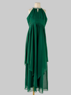 Front view of green halter neck chiffon girls party dress, suitable for birthdays, bridesmaids, and formal occasions
