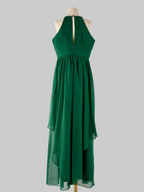 Back view of green halter neck chiffon girls party dress, suitable for birthdays, bridesmaids, and formal occasions