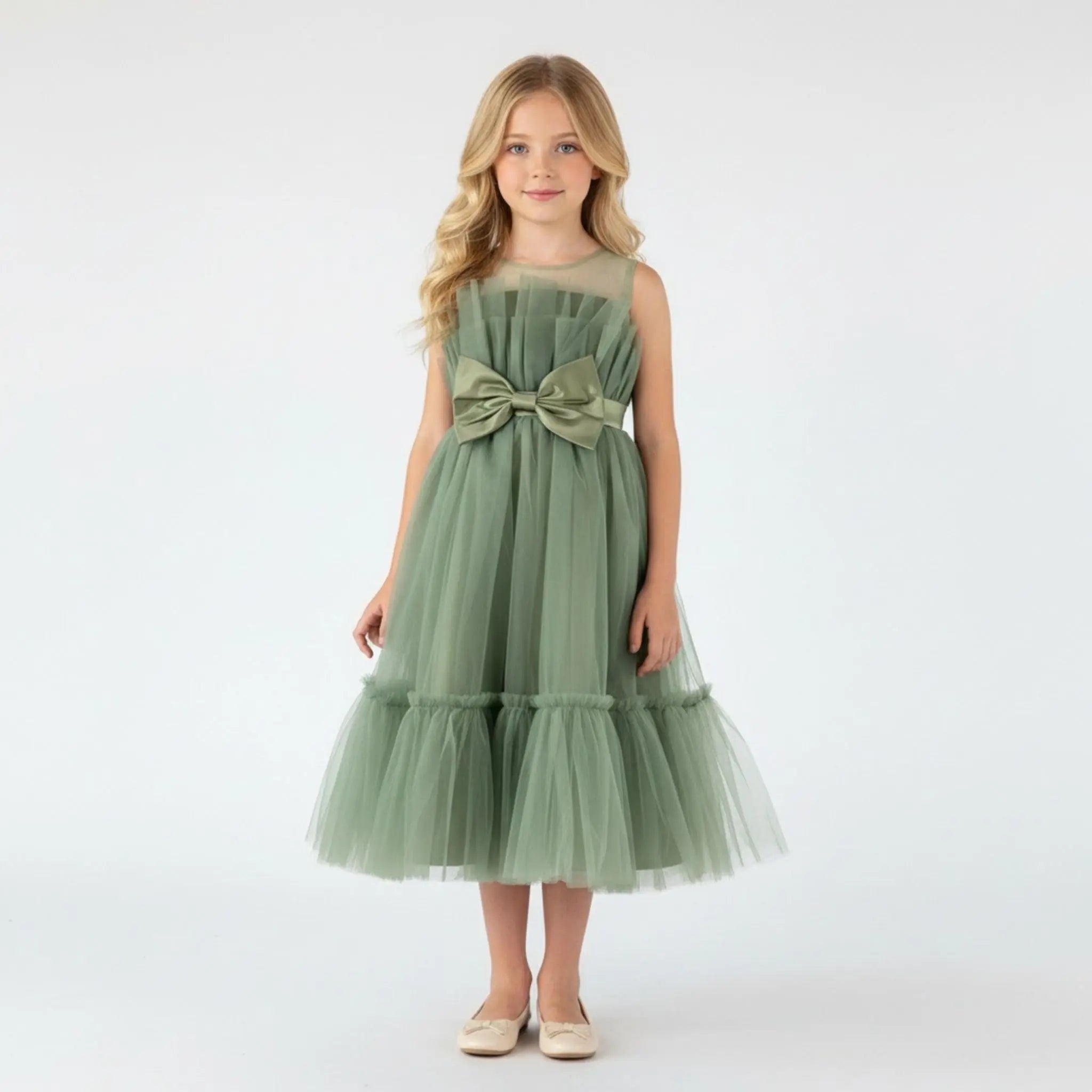 Front view of sage green net tulle girls party dress, suitable for birthdays, flower girls, and formal occasions