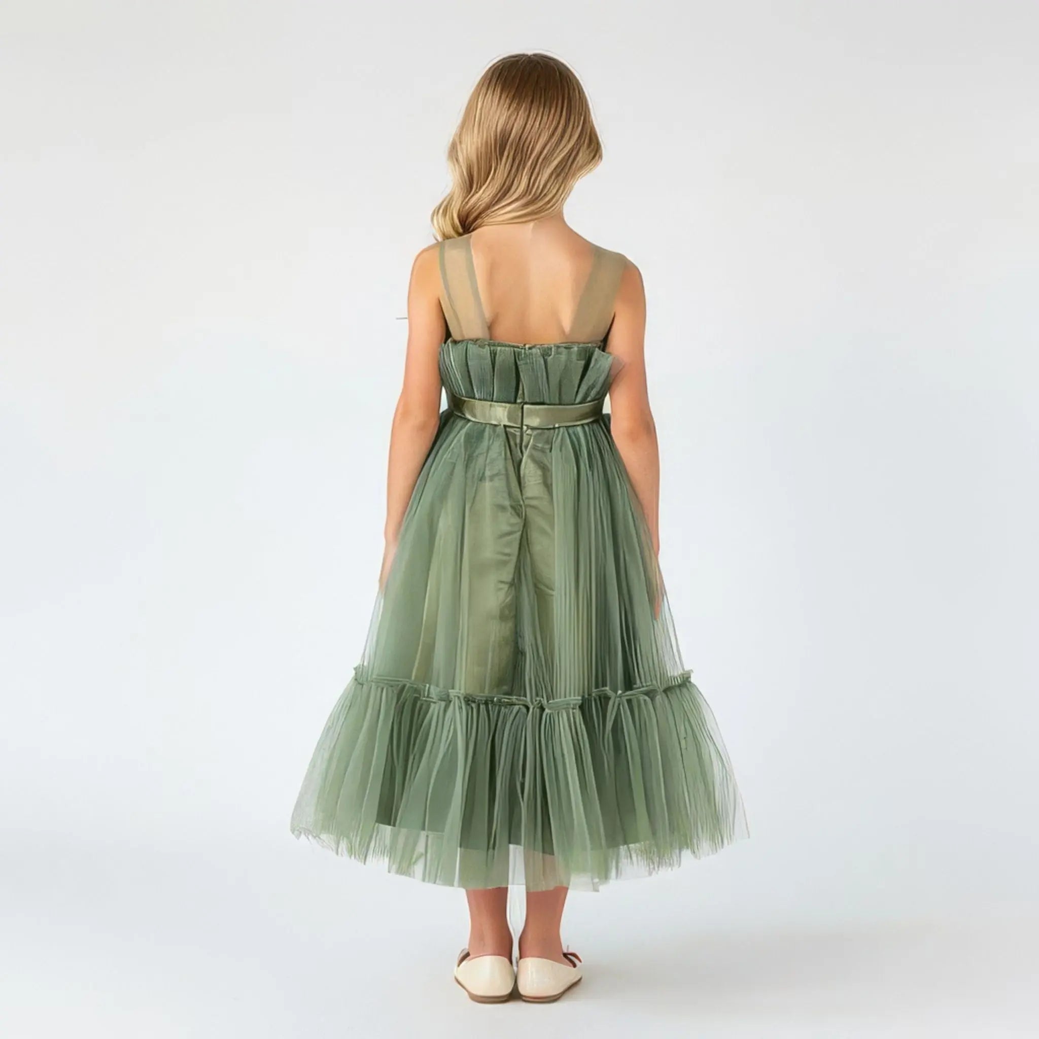 Back view of sage green net tulle girls party dress, suitable for birthdays, flower girls, and formal occasions