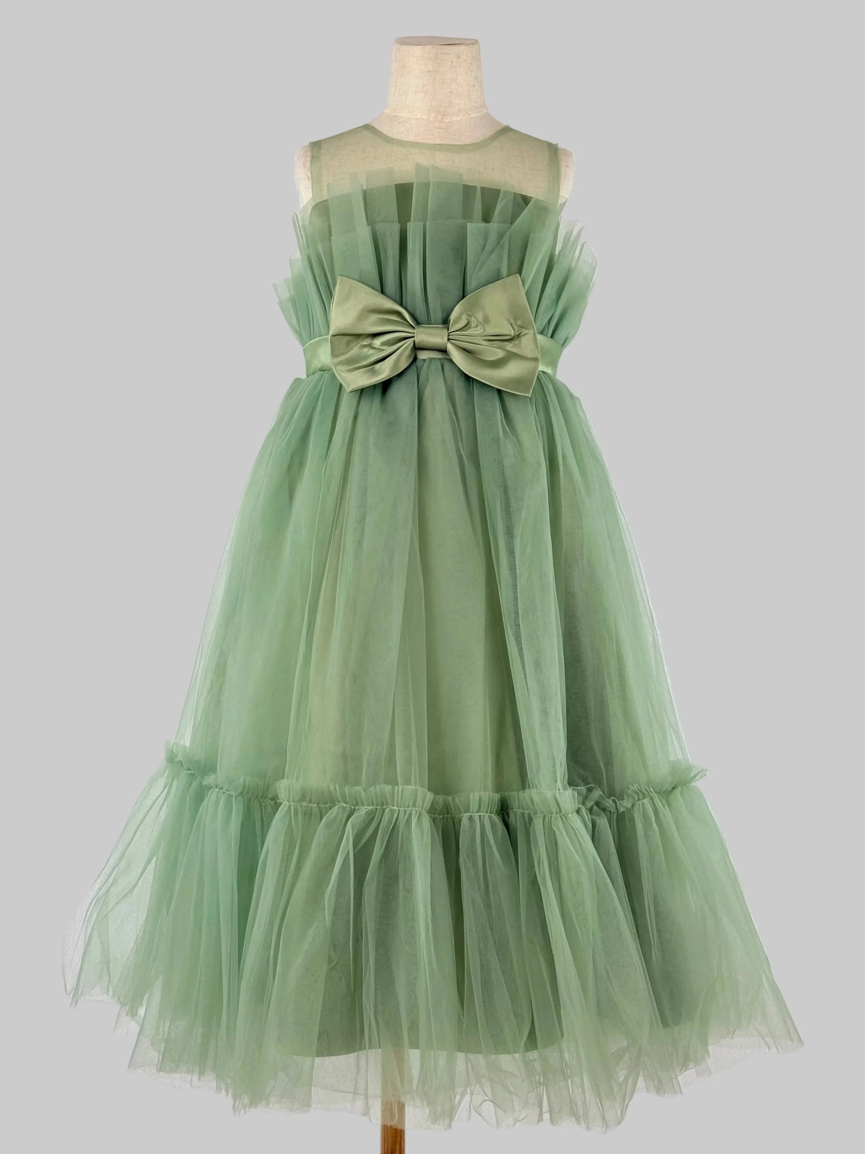 Front view of sage green net tulle girls party dress, suitable for birthdays, flower girls, and formal occasions