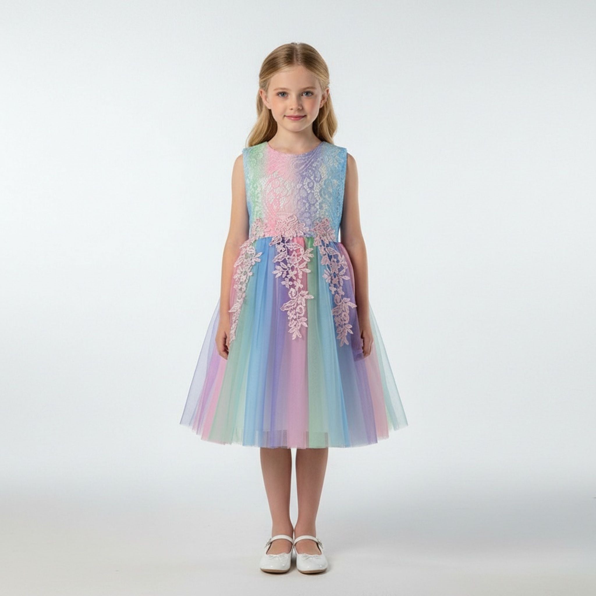 Front view of pastel colour tulle girls party dress, suitable for  birthdays, flower girls, photo shoots, easter and holiday gatherings, formal occasions