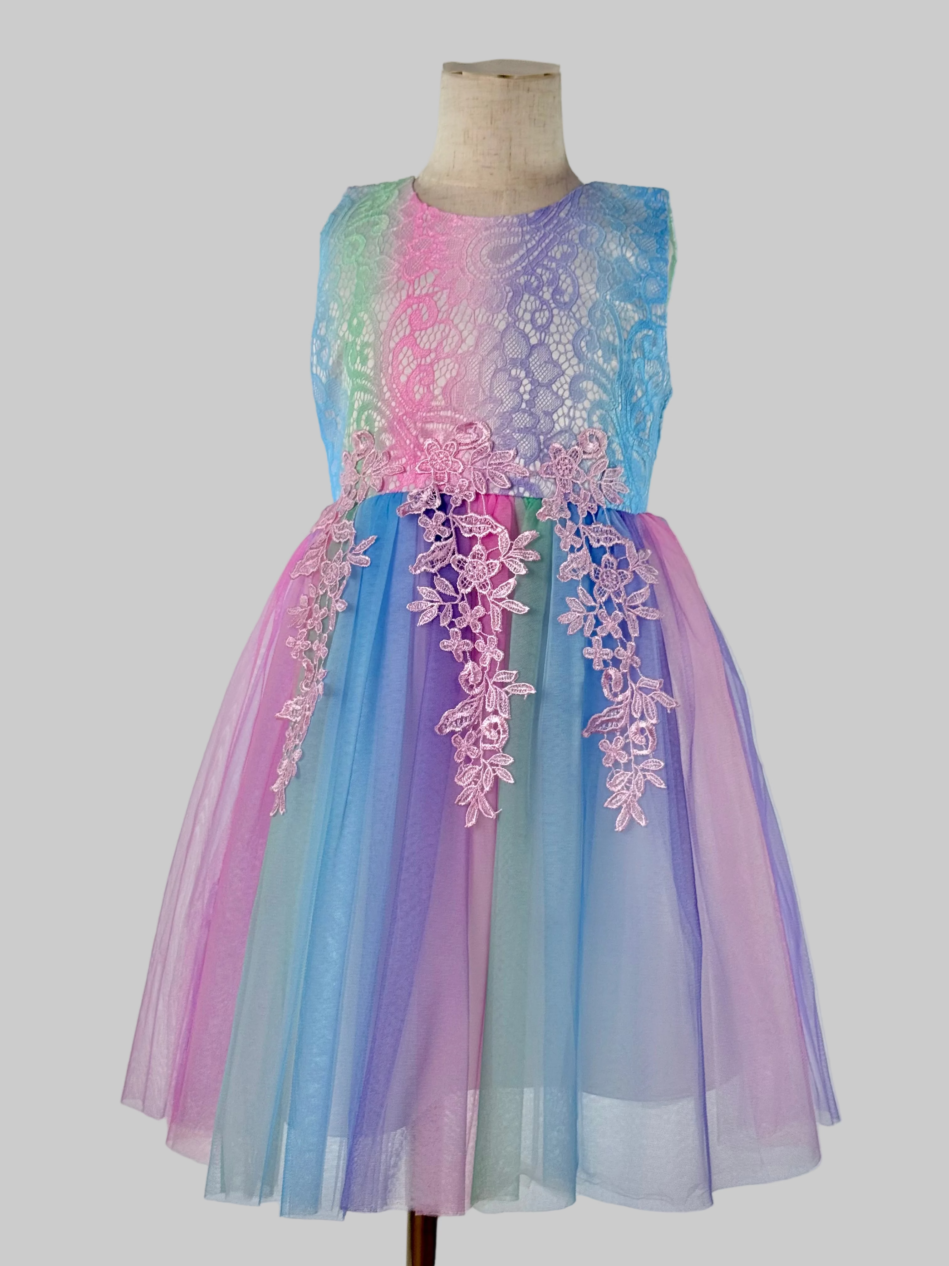 Front view of pastel colour tulle girls party dress, suitable for  birthdays, flower girls, photo shoots, easter and holiday gatherings, formal occasions