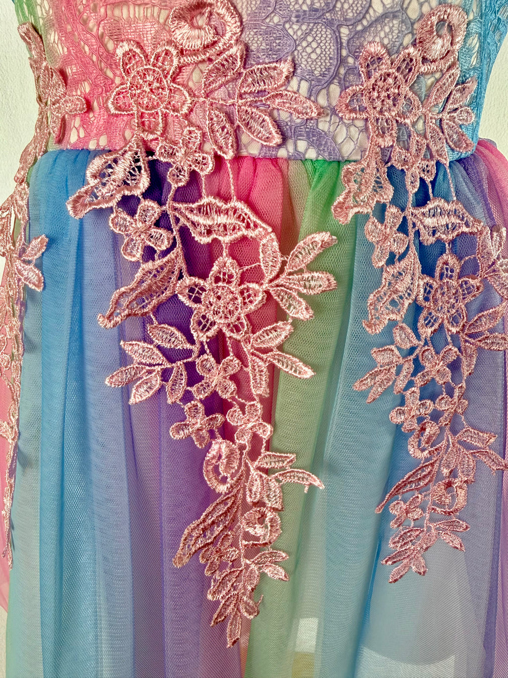 Closeup of pastel colour tulle girls party dress, suitable for  birthdays, flower girls, photo shoots, easter and holiday gatherings, formal occasions