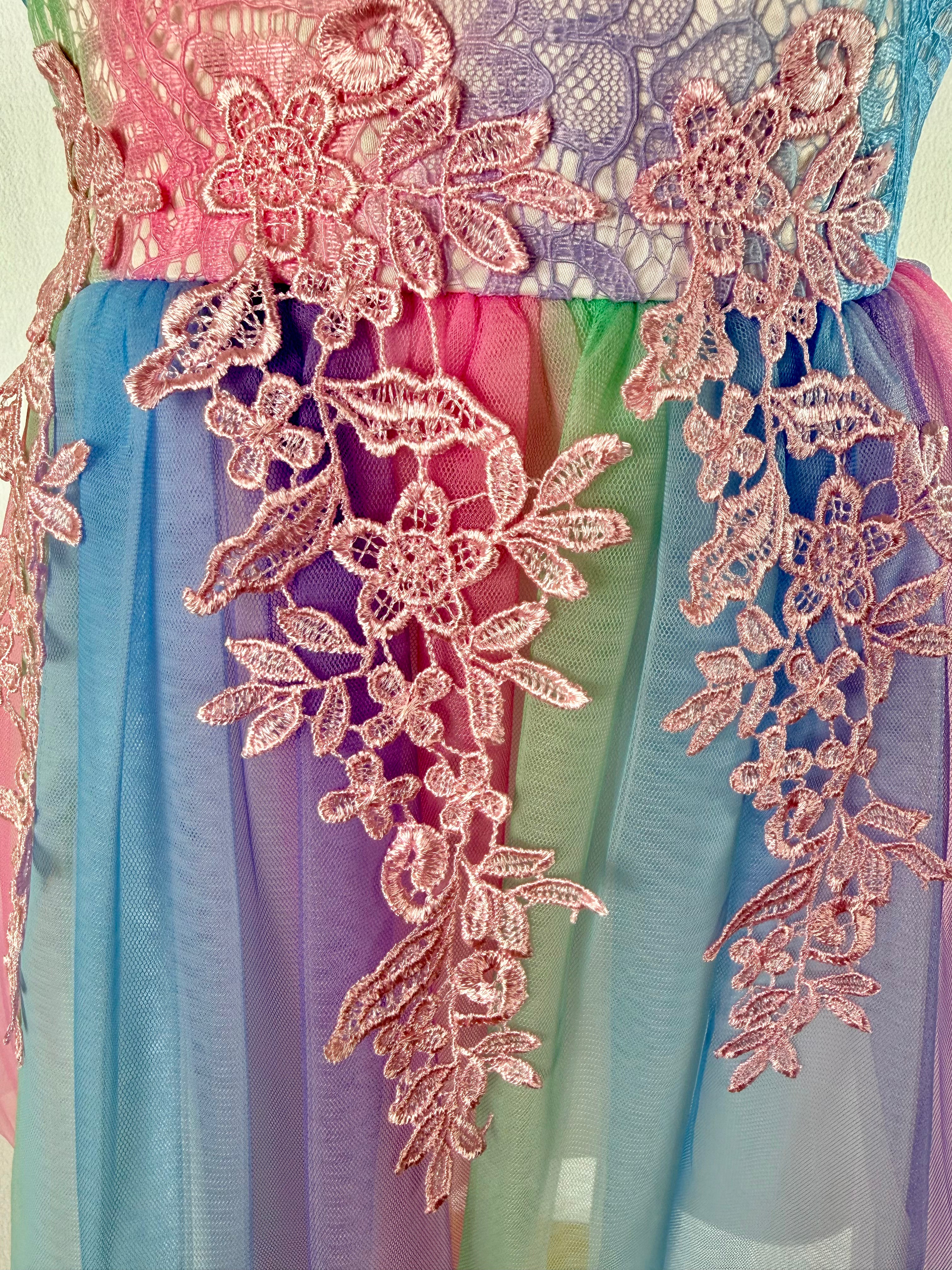 Closeup of pastel colour tulle girls party dress, suitable for  birthdays, flower girls, photo shoots, easter and holiday gatherings, formal occasions