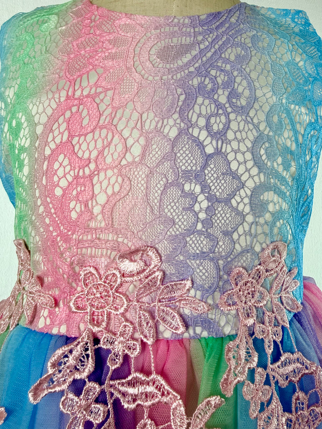 Closeup of pastel colour tulle girls party dress, suitable for  birthdays, flower girls, photo shoots, easter and holiday gatherings, formal occasions