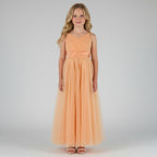 Front view of peach net tulle girls party dress, suitable for birthdays, flower girls, and formal occasions