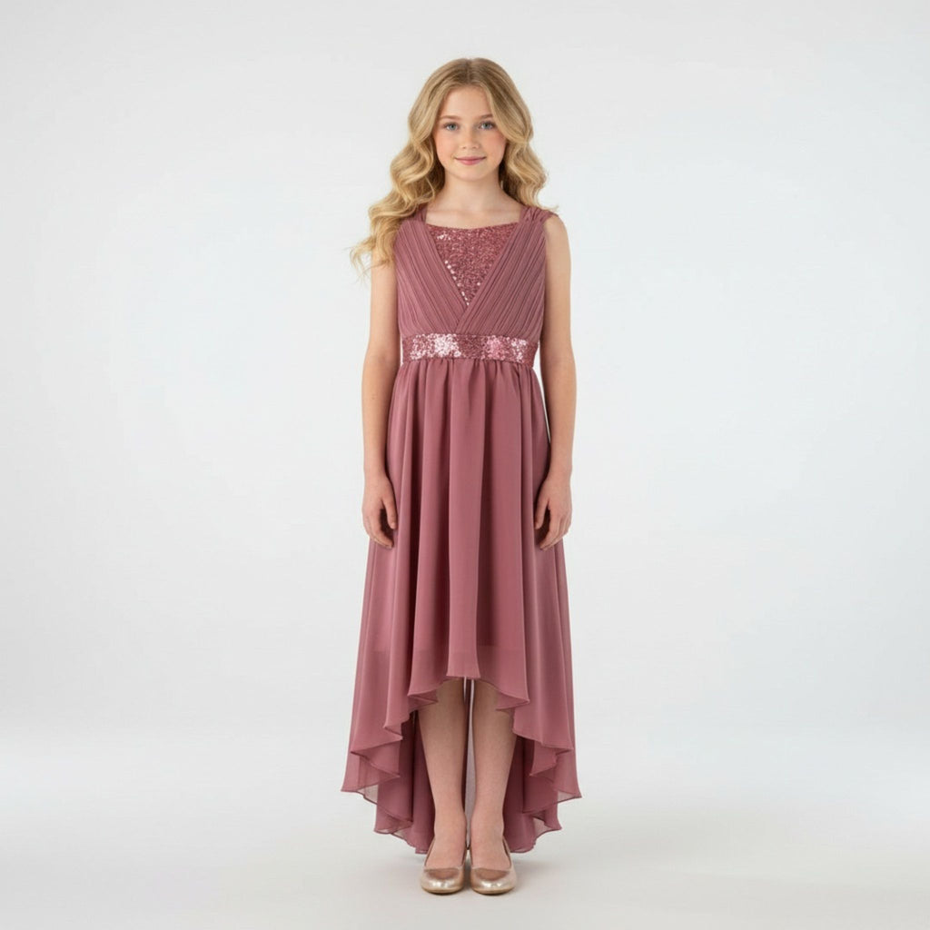 Front view of pink high-low chiffon girls party dress, suitable for birthdays, bridesmaids, and formal occasions
