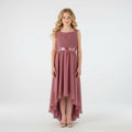 Front view of pink high-low chiffon girls party dress, suitable for birthdays, bridesmaids, and formal occasions