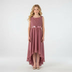 Front view of pink high-low chiffon girls party dress, suitable for birthdays, bridesmaids, and formal occasions