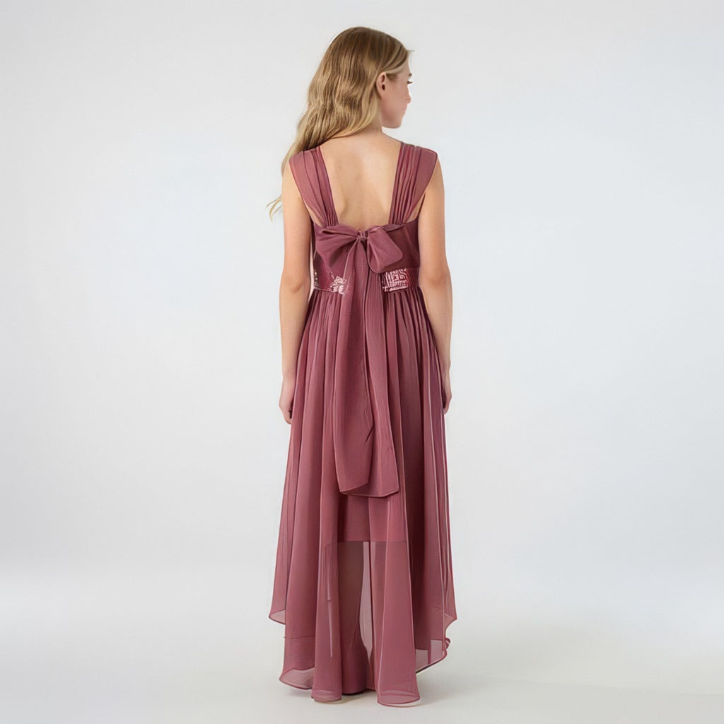 Back view of pink high-low chiffon girls party dress, suitable for birthdays, bridesmaids, and formal occasions