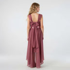 Back view of pink high-low chiffon girls party dress, suitable for birthdays, bridesmaids, and formal occasions