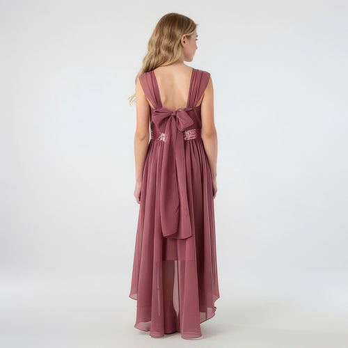Back view of pink high-low chiffon girls party dress, suitable for birthdays, bridesmaids, and formal occasions