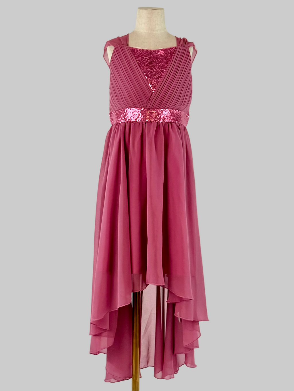 Front view of pink high-low chiffon girls party dress, suitable for birthdays, bridesmaids, and formal occasions