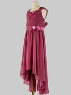 Side view of pink high-low chiffon girls party dress, suitable for birthdays, bridesmaids, and formal occasions