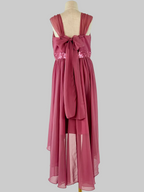 Back view of pink high-low chiffon girls party dress, suitable for birthdays, bridesmaids, and formal occasions